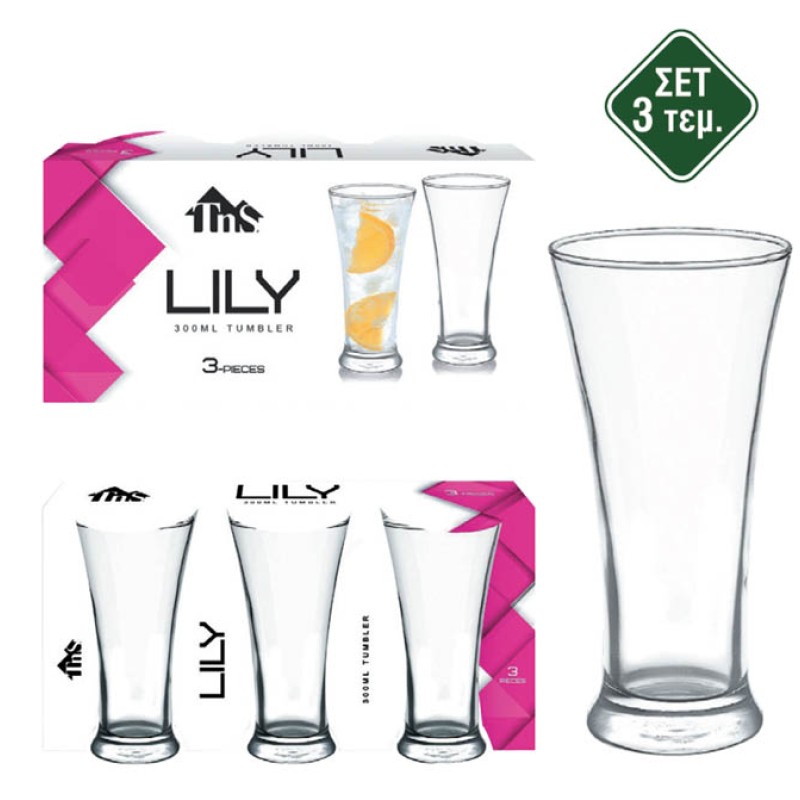 Σετ Ποτήρια Σωλήνας 300ml (3τμχ) Διάφανα - TNS Lily