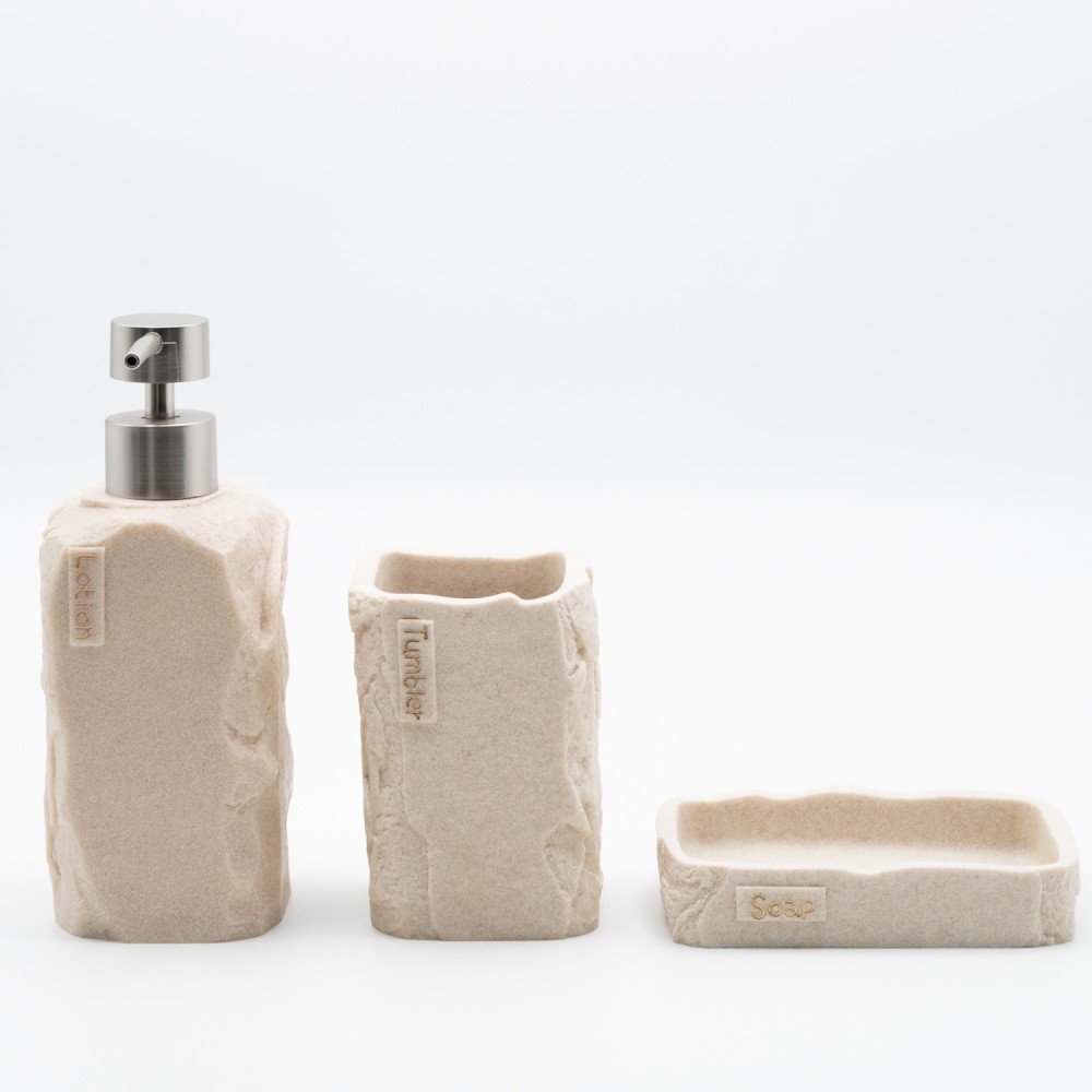 Ankor Σετ Αξεσουάρ Μπάνιου Beige Stone Effect (3 Τεμάχια) – Με Όψη Φυσικής Πέτρας