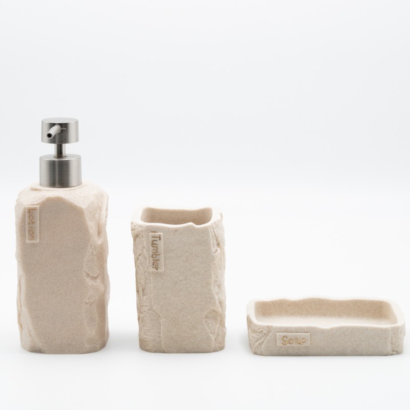 Ankor Σετ Αξεσουάρ Μπάνιου Beige Stone Effect (3 Τεμάχια) – Με Όψη Φυσικής Πέτρας