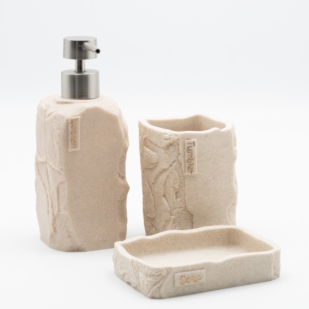 Ankor Σετ Αξεσουάρ Μπάνιου Beige Stone Effect (3 Τεμάχια) – Με Όψη Φυσικής Πέτρας