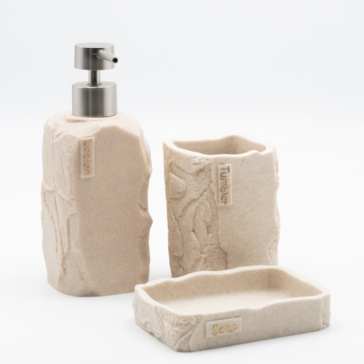 Ankor Σετ Αξεσουάρ Μπάνιου Beige Stone Effect (3 Τεμάχια) – Με Όψη Φυσικής Πέτρας