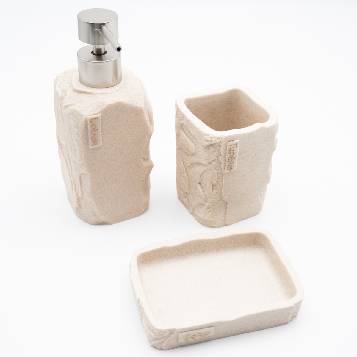 Ankor Σετ Αξεσουάρ Μπάνιου Beige Stone Effect (3 Τεμάχια) – Με Όψη Φυσικής Πέτρας