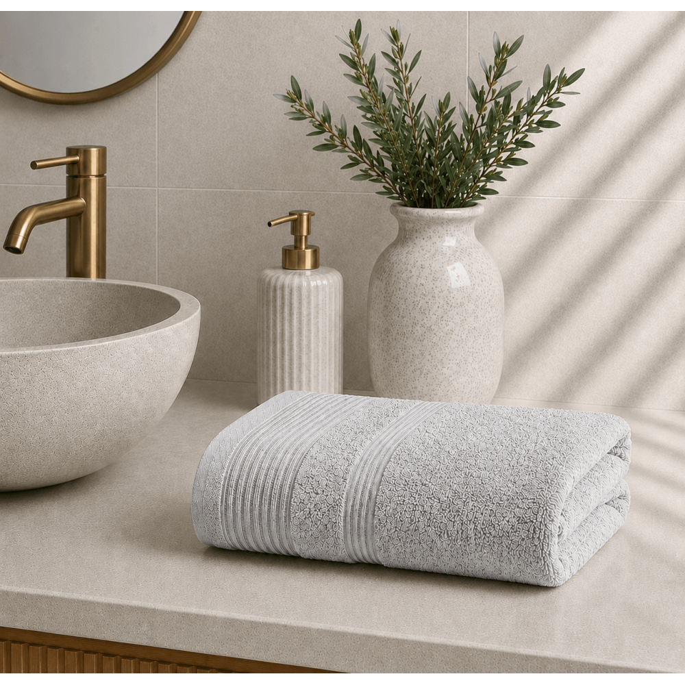 Premium Πετσέτα Προσώπου 600gsm (50x90) από 100% Βαμβάκι Πεννιέ με Ρίγες Ύφανσης – Light Grey