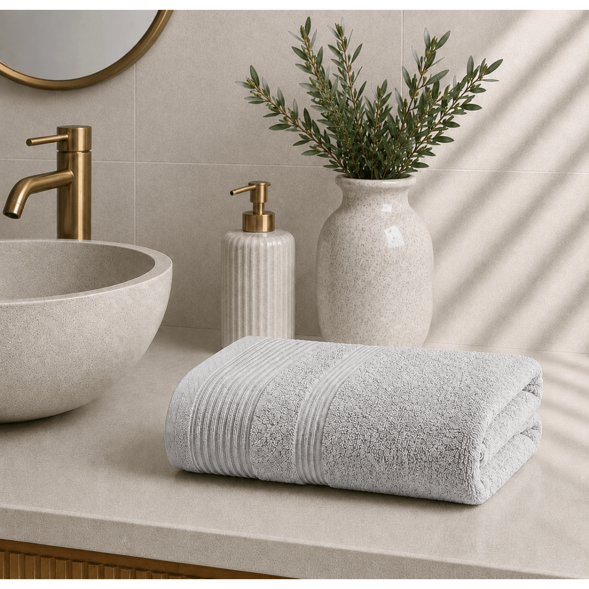 Premium Πετσέτα Προσώπου 600gsm (50x90) από 100% Βαμβάκι Πεννιέ με Ρίγες Ύφανσης – Light Grey