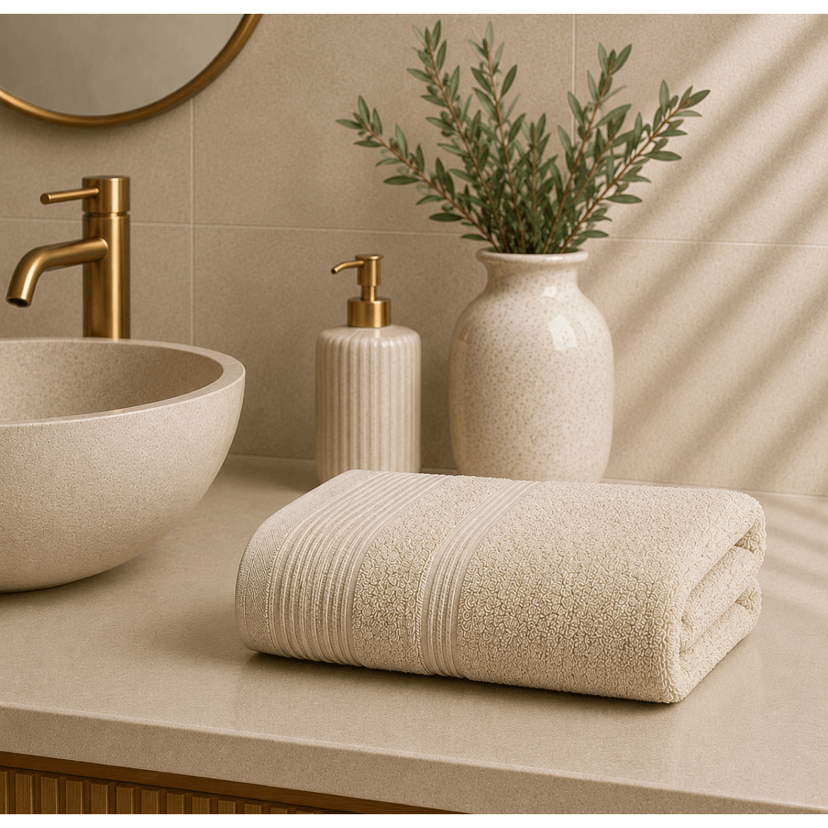 Premium Πετσέτα Προσώπου 600gsm (50x90) από 100% Βαμβάκι Πεννιέ με Ρίγες Ύφανσης – Beige