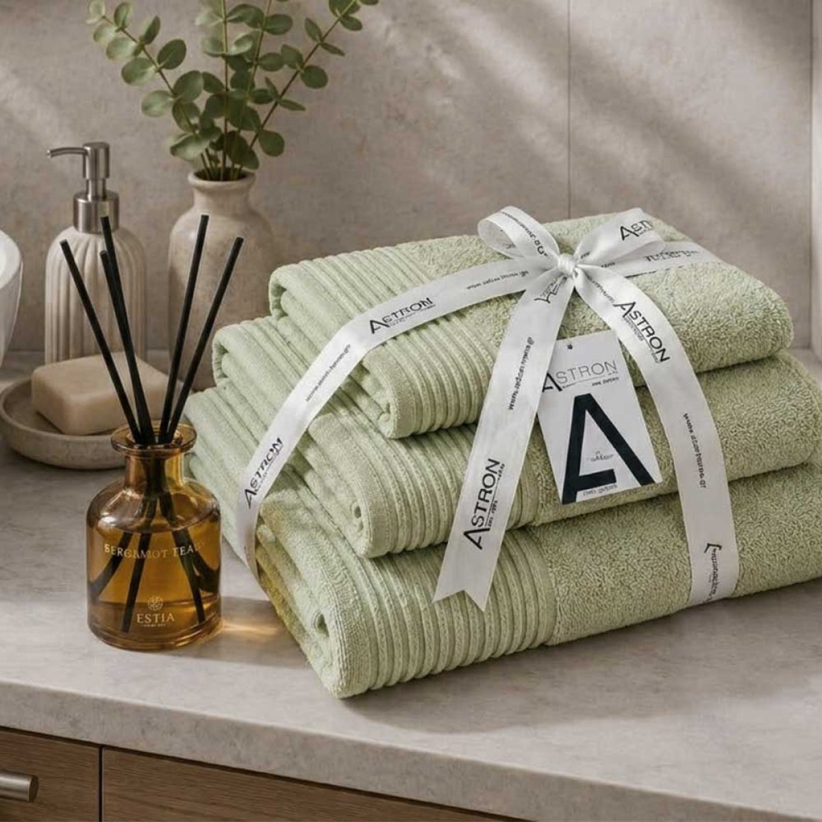 Botanical Spa Σετ: 3 Πετσέτες 600gsm 100% Βαμβάκι Πεννιέ Oil & Estia Bergamot Tears Αρωματικό Χώρου 100ml με Sticks
