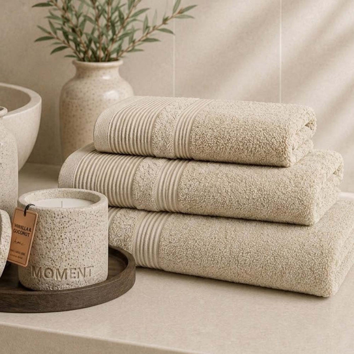 Spa & Home Wellness Σετ: 3 Πετσέτες 600gsm 100% Βαμβάκι Πεννιέ Beige & Αρωματικό Κερί Vanilla & Coconut