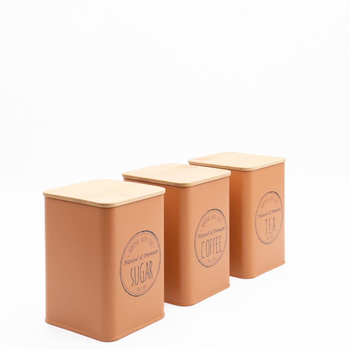 Σετ 3 Μεταλλικά Βαζάκια Καφέ – Ζάχαρη – Τσάι (10x10x13) με Bamboo Καπάκια Sidirela Orange E-0038-2