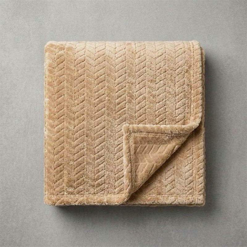 Κουβέρτα Fleece Διπλή (200x220) Βελούδινη ZigZag Μπεζ με Extra Soft Υφή