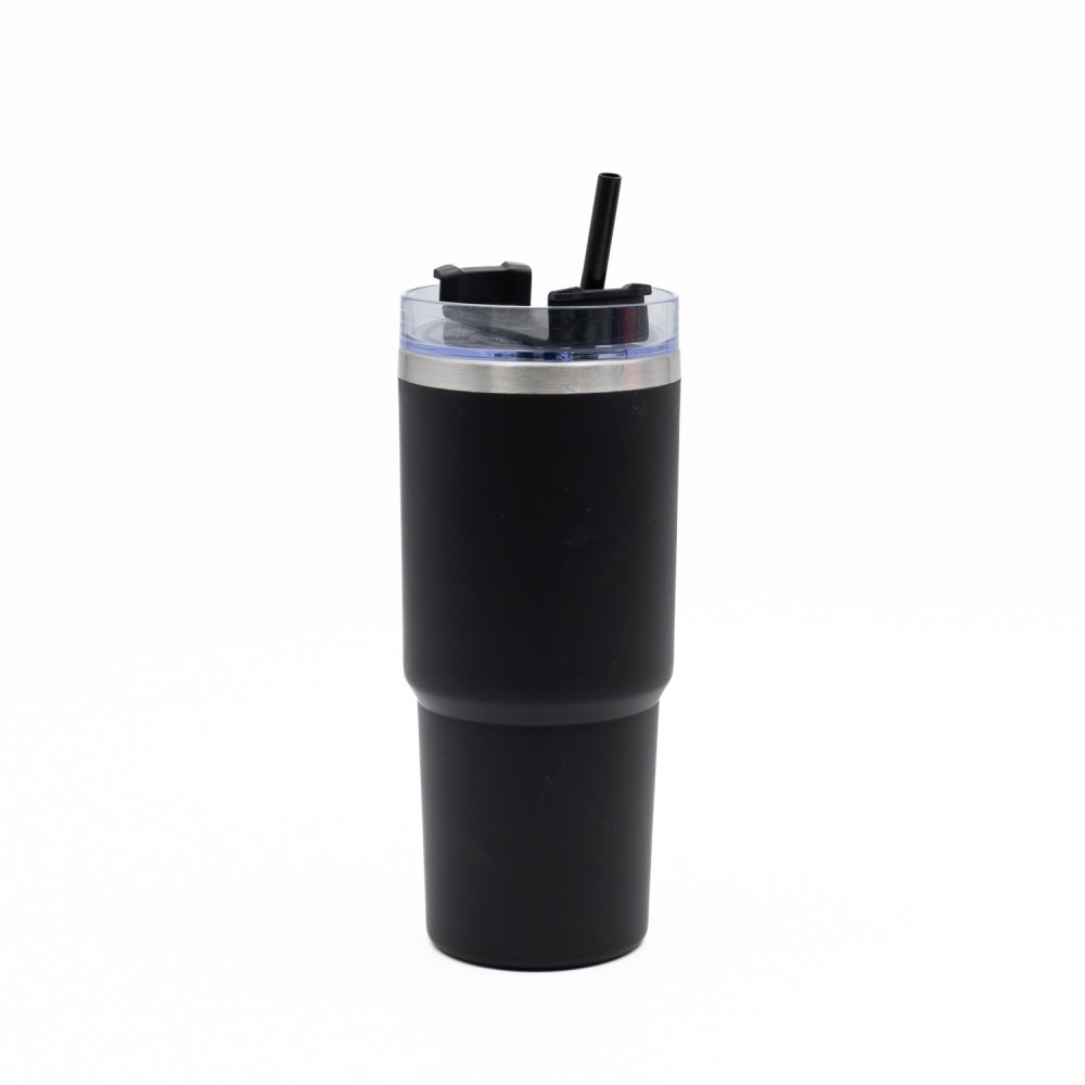 Ανοξείδωτο Ποτήρι Θερμός 600ml με Καλαμάκι Μαύρο – Ισοθερμικό Tumbler Νερού & Ροφημάτων με Διπλό Τοίχωμα Vacuum