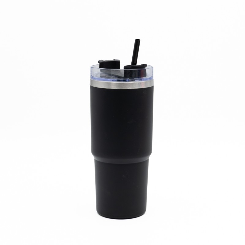 Ανοξείδωτο Ποτήρι Θερμός 600ml με Καλαμάκι Μαύρο – Ισοθερμικό Tumbler Νερού & Ροφημάτων με Διπλό Τοίχωμα Vacuum