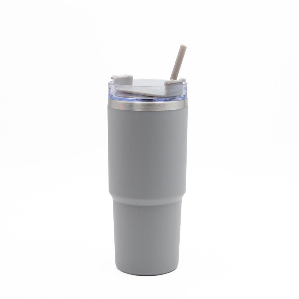 Ανοξείδωτο Ποτήρι Θερμός 600ml με Καλαμάκι Γκρι – Ισοθερμικό Tumbler Νερού & Ροφημάτων με Διπλό Τοίχωμα Vacuum