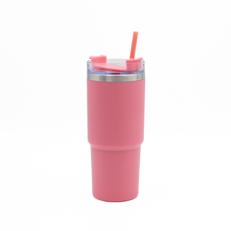 Ανοξείδωτο Ποτήρι Θερμός 600ml με Καλαμάκι Ροζ – Ισοθερμικό Tumbler Νερού & Ροφημάτων με Διπλό Τοίχωμα Vacuum