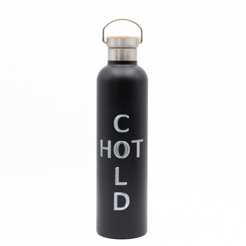Sidirela Eco Black Θερμός 1000ml Ανοξείδωτο με Πώμα Bamboo & Λαβή Μεταφοράς