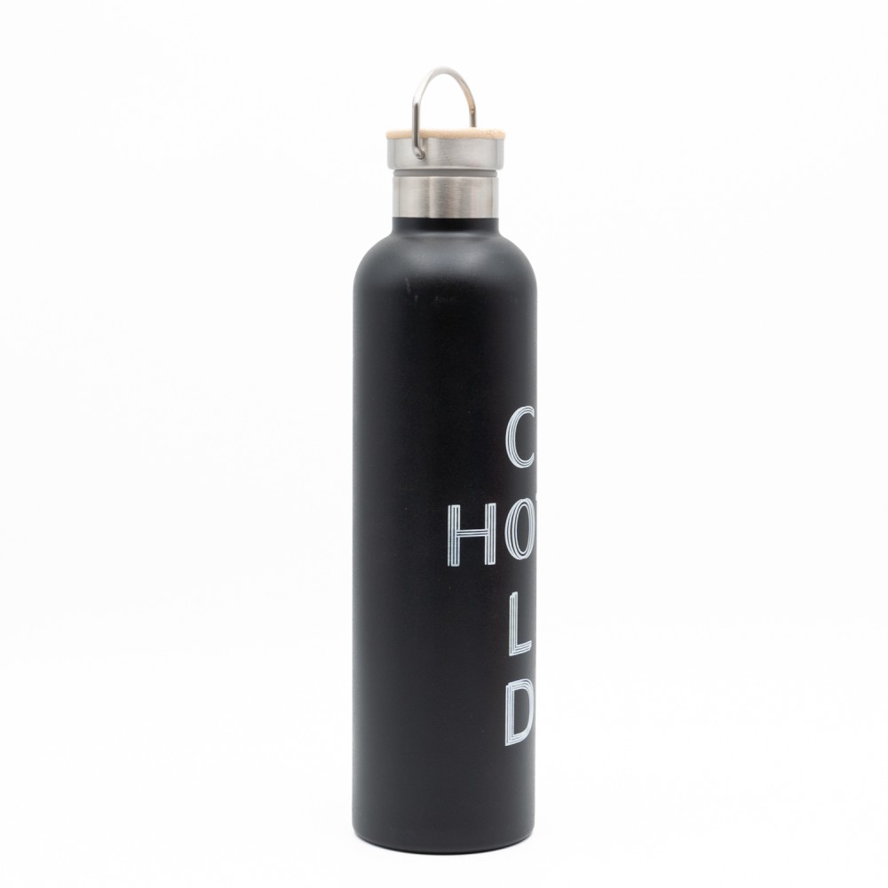 Sidirela Eco Black Θερμός 1000ml Ανοξείδωτο με Πώμα Bamboo & Λαβή Μεταφοράς