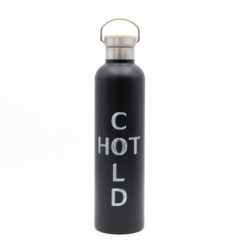 Sidirela Eco Black Θερμός 1000ml Ανοξείδωτο με Πώμα Bamboo & Λαβή Μεταφοράς