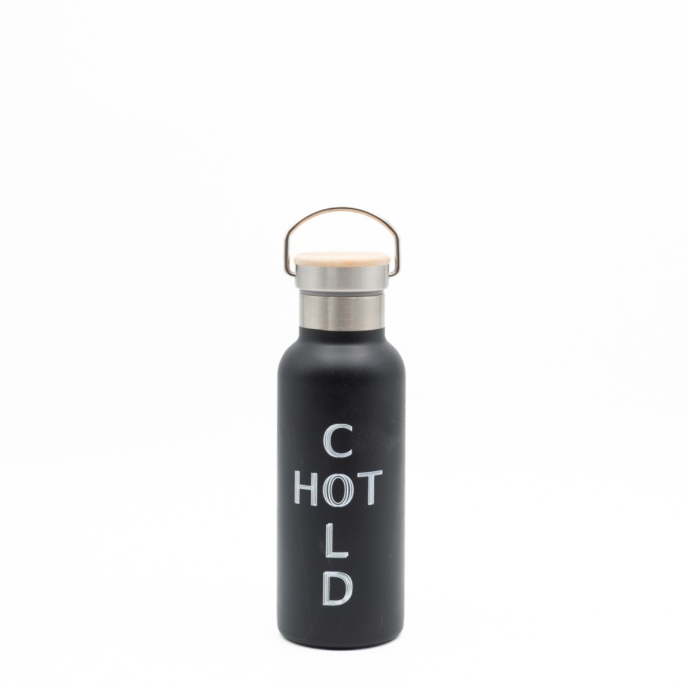Sidirela Eco Black Θερμός 500ml Ανοξείδωτο με Πώμα Bamboo & Λαβή Μεταφοράς