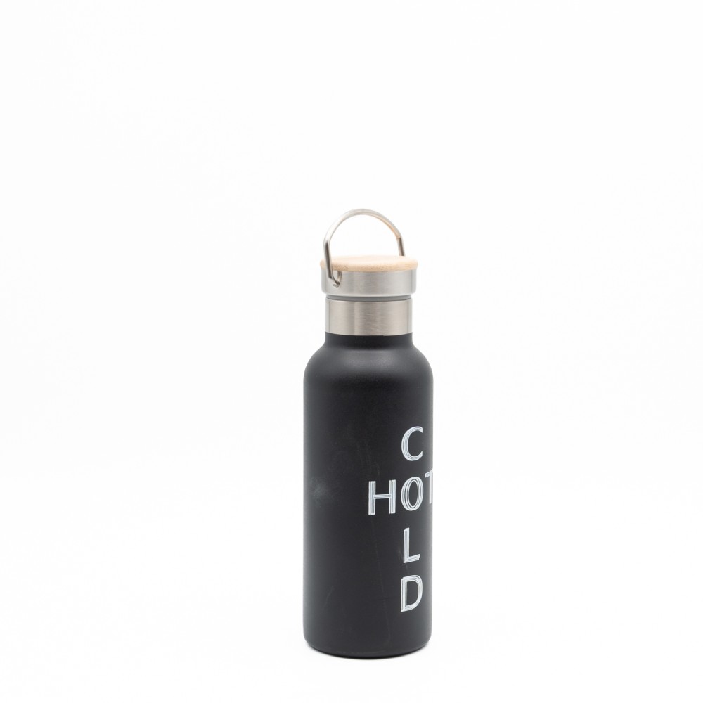 Sidirela Eco Black Θερμός 500ml Ανοξείδωτο με Πώμα Bamboo & Λαβή Μεταφοράς