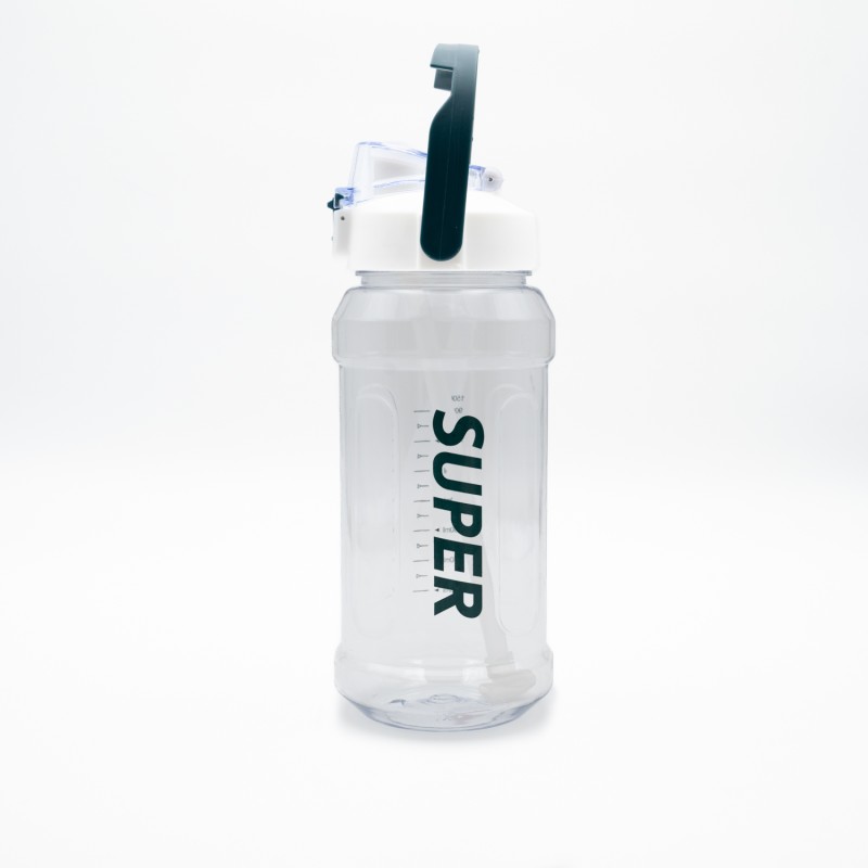 Super Παγούρι Νερού 1500ml Λευκό Διάφανο με Εργονομική Λαβή, Καλαμάκι & Κουμπί Ασφαλείας