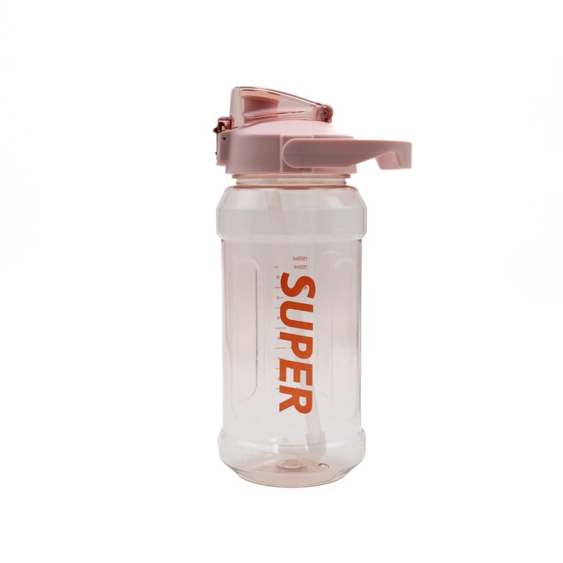 Super Παγούρι Νερού 1500ml Ροζ Διάφανο με Εργονομική Λαβή, Καλαμάκι & Κουμπί Ασφαλείας