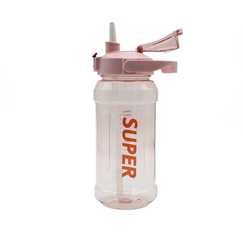 Super Παγούρι Νερού 1500ml Ροζ Διάφανο με Εργονομική Λαβή, Καλαμάκι & Κουμπί Ασφαλείας