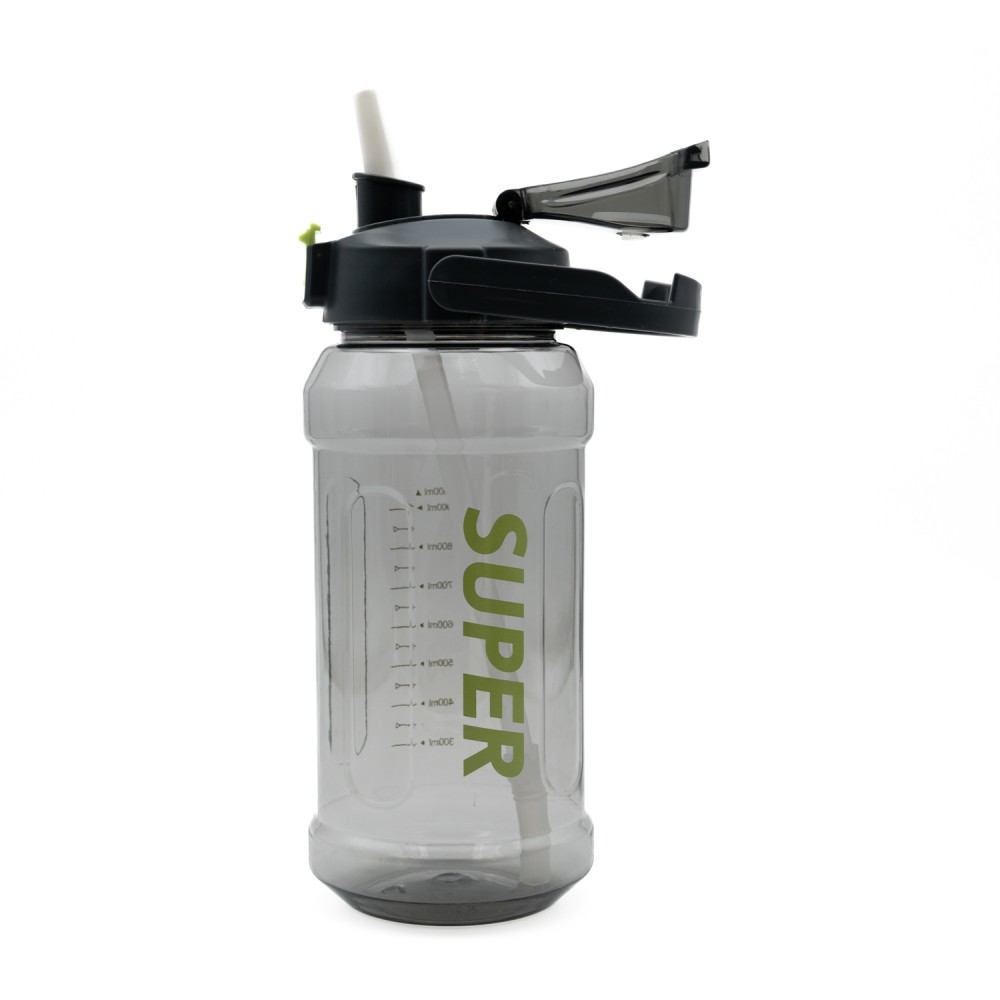 Super Παγούρι Νερού 1500ml Γκρι Διάφανο με Εργονομική Λαβή, Καλαμάκι & Κουμπί Ασφαλείας