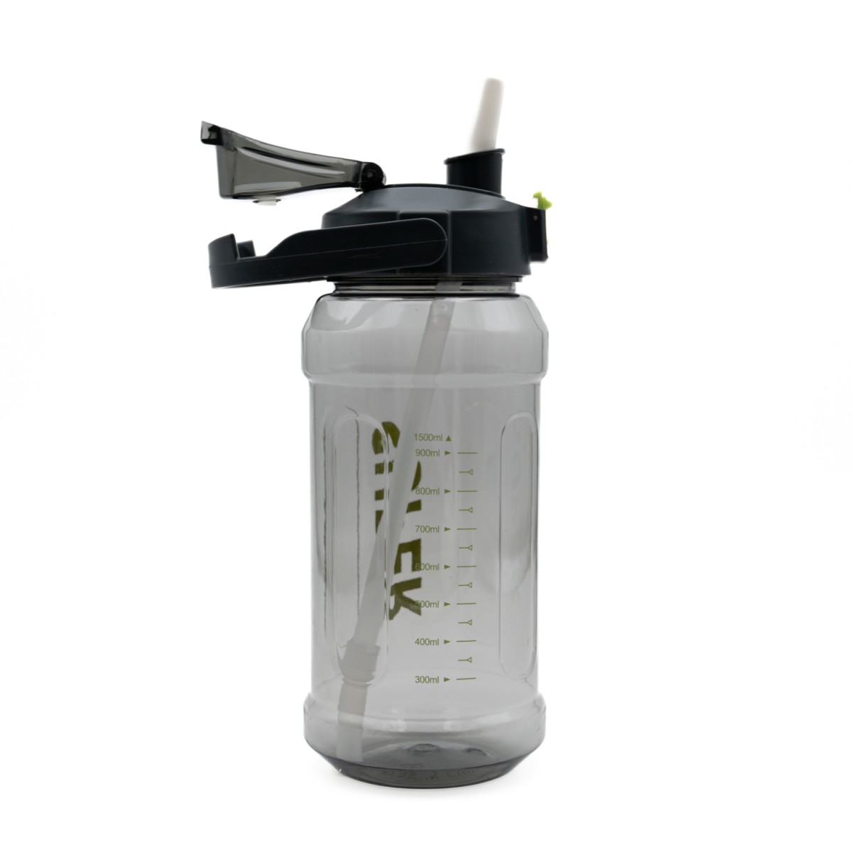 Super Παγούρι Νερού 1500ml Γκρι Διάφανο με Εργονομική Λαβή, Καλαμάκι & Κουμπί Ασφαλείας