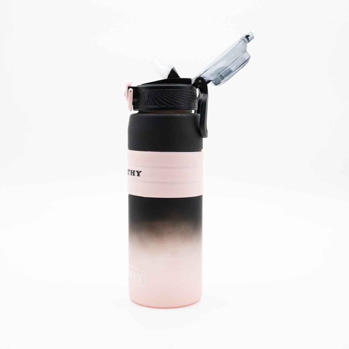 Happy Παγούρι Νερού 800ml Ombre Μαύρο-Ροζ με Αντιολισθητική Λαβή Σιλικόνης, Καλαμάκι & Δοσομετρητή