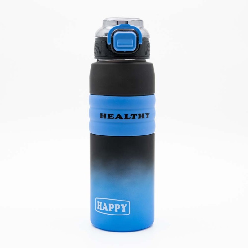 Happy Παγούρι Νερού 800ml Ombre Μαύρο-Μπλε με Αντιολισθητική Λαβή Σιλικόνης, Καλαμάκι & Δοσομετρητή