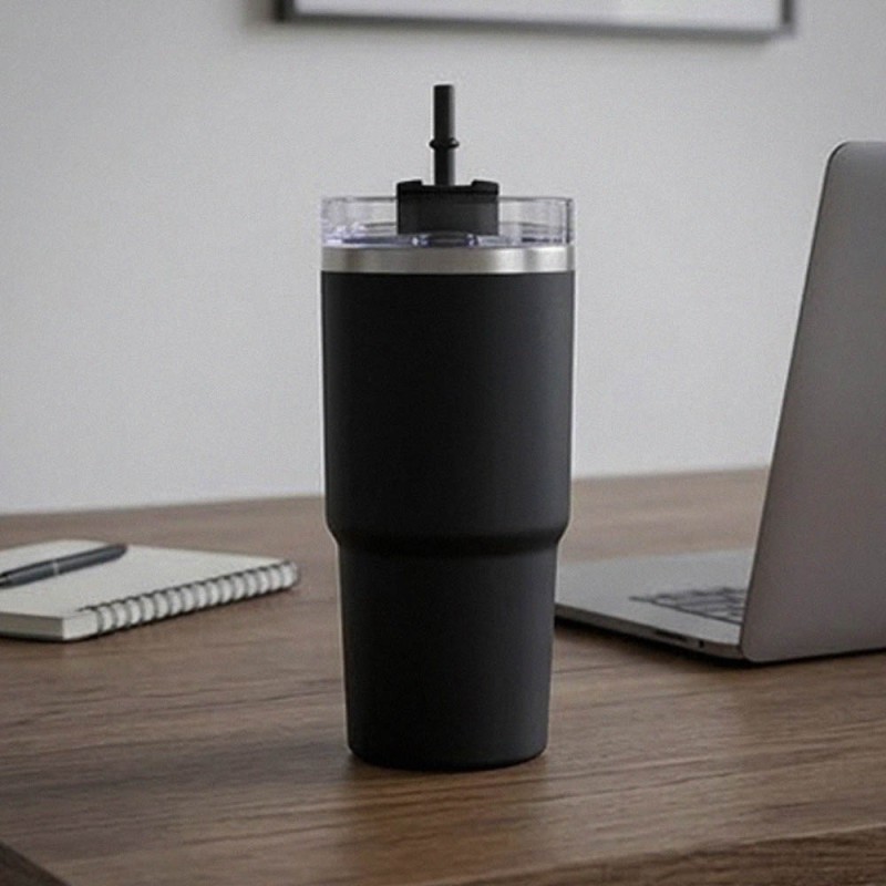 Ανοξείδωτο Ποτήρι Θερμός 600ml με Καλαμάκι Μαύρο – Ισοθερμικό Tumbler Νερού & Ροφημάτων με Διπλό Τοίχωμα Vacuum