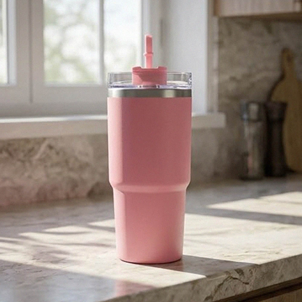 Ανοξείδωτο Ποτήρι Θερμός 600ml με Καλαμάκι Ροζ – Ισοθερμικό Tumbler Νερού & Ροφημάτων με Διπλό Τοίχωμα Vacuum