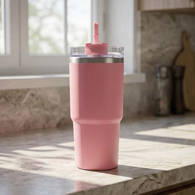 Ανοξείδωτο Ποτήρι Θερμός 600ml με Καλαμάκι Ροζ – Ισοθερμικό Tumbler Νερού & Ροφημάτων με Διπλό Τοίχωμα Vacuum