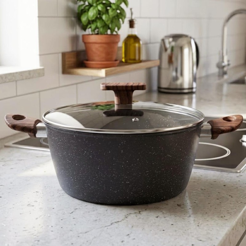 Marble Κατσαρόλα Αλουμινίου No 26 – Αντικολλητική με Επίστρωση Μαρμάρου & Soft-Touch Λαβές Εφέ Ξύλου