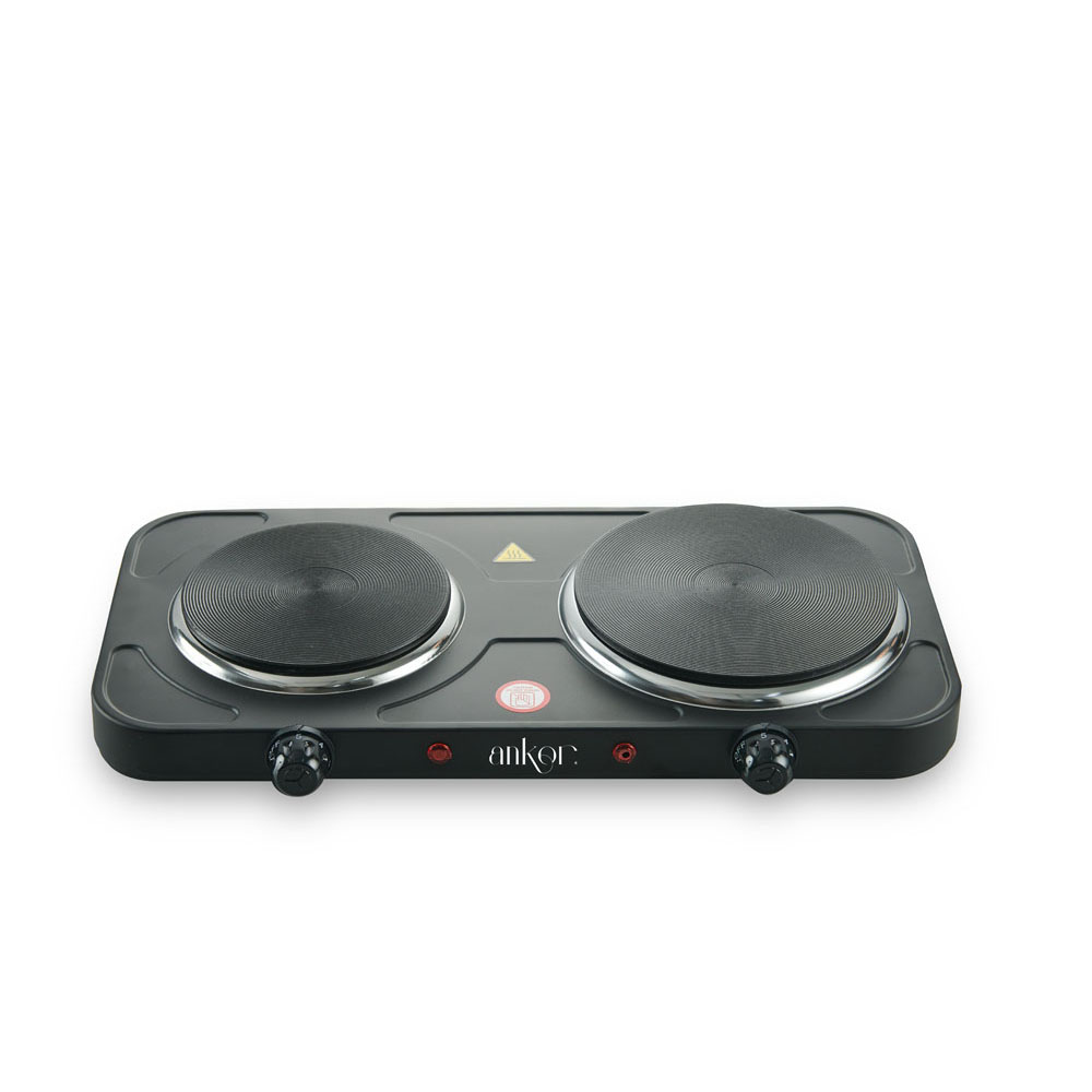 Ankor Black Εστία Ηλεκτρική 2 Θέσεων 1000W & 1500W – Ρυθμιζόμενος Θερμοστάτης, Φορητή & Αντιολισθητική