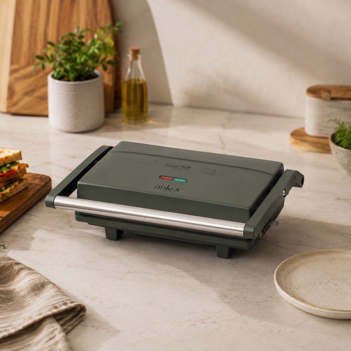 Ankor Olive Γκριλιέρα – Τοστιέρα 1300W 2 Θέσεων με Αντικολλητικές Πλάκες Γκριλ