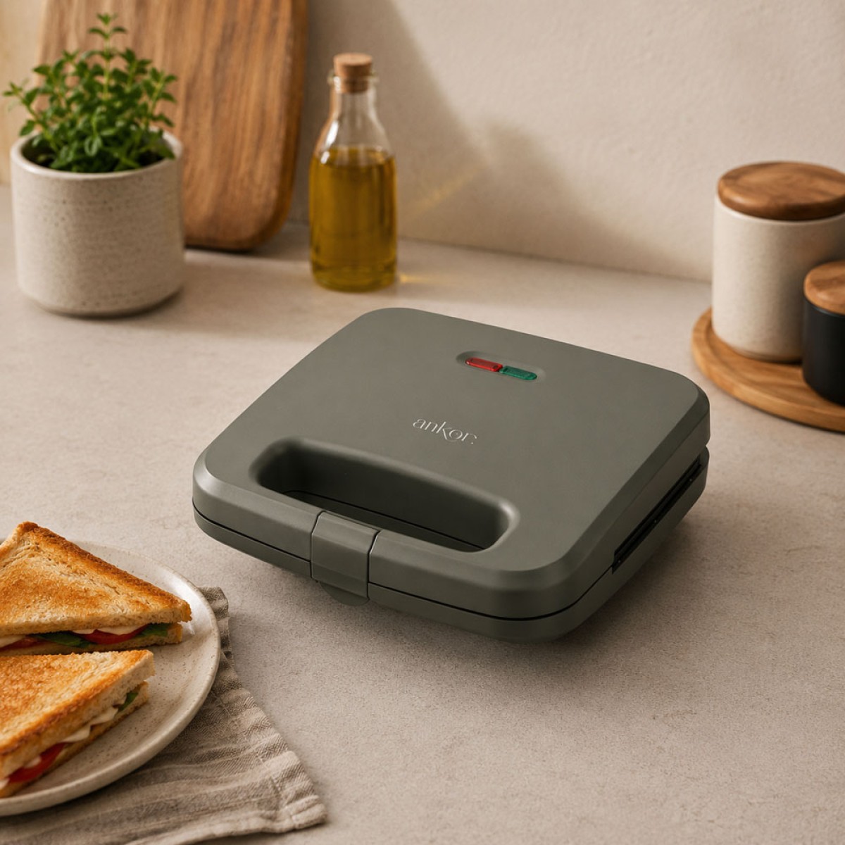 Ankor Olive Τοστιέρα 750W 2 Θέσεων με Αντικολλητικές Πλάκες Γκριλ & Κάθετη Αποθήκευση