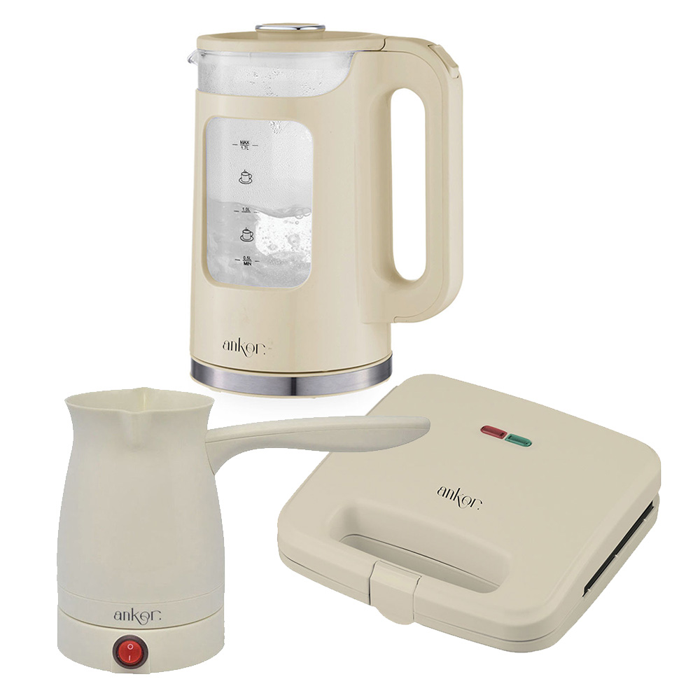 Ankor Beige Σετ Συσκευών Κουζίνας 3τμχ – Βραστήρας 2200W Cool Touch, Τοστιέρα 750W & Ηλεκτρικό Μπρίκι 1000W