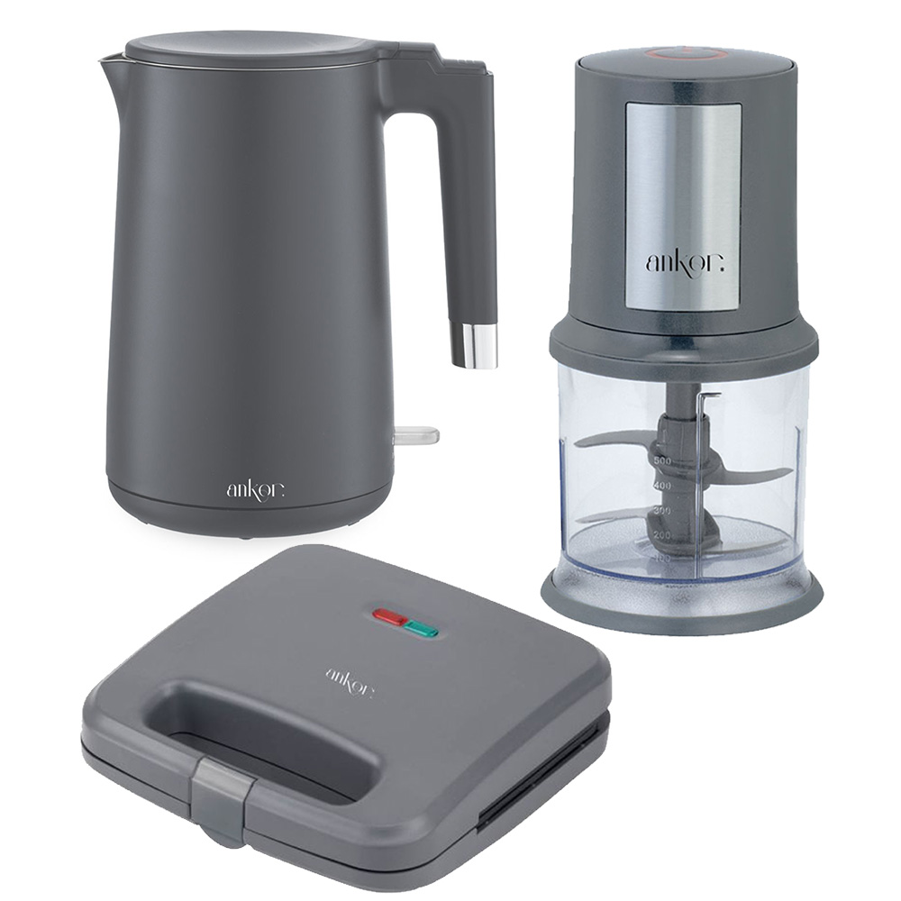 Ankor Grey Σετ Συσκευών Κουζίνας 3τμχ – Βραστήρας 2200W Cool Touch, Τοστιέρα 750W & Πολυκόπτης 400W