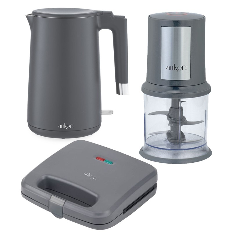 Ankor Grey Σετ Συσκευών Κουζίνας 3τμχ – Βραστήρας 2200W Cool Touch, Τοστιέρα 750W & Πολυκόπτης 400W