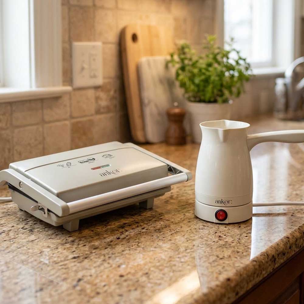 Ankor Beige Comfort Σετ 2 Τεμαχίων – Γκριλιέρα 1300W με Αντικολλητικές Πλάκες & Ηλεκτρικό Μπρίκι 400ml 1000W
