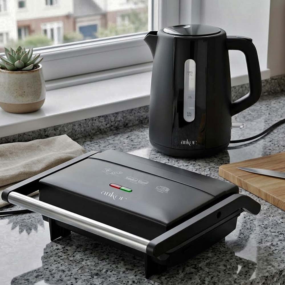 Ankor Black Mega Σετ 2 Τεμαχίων – Γκριλιέρα 1300W με Αντικολλητικές Πλάκες & Ηλεκτρικός Βραστήρας 1.7lt 2200W