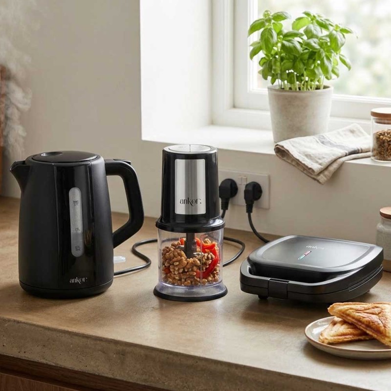 Ankor Black Σετ Συσκευών Κουζίνας – Τοστιέρα 1300W, Βραστήρας 2200W & Πολυκόπτης 400W