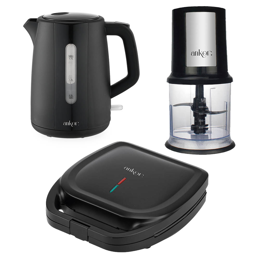 Ankor Black Σετ Συσκευών Κουζίνας – Τοστιέρα 1300W, Βραστήρας 2200W & Πολυκόπτης 400W
