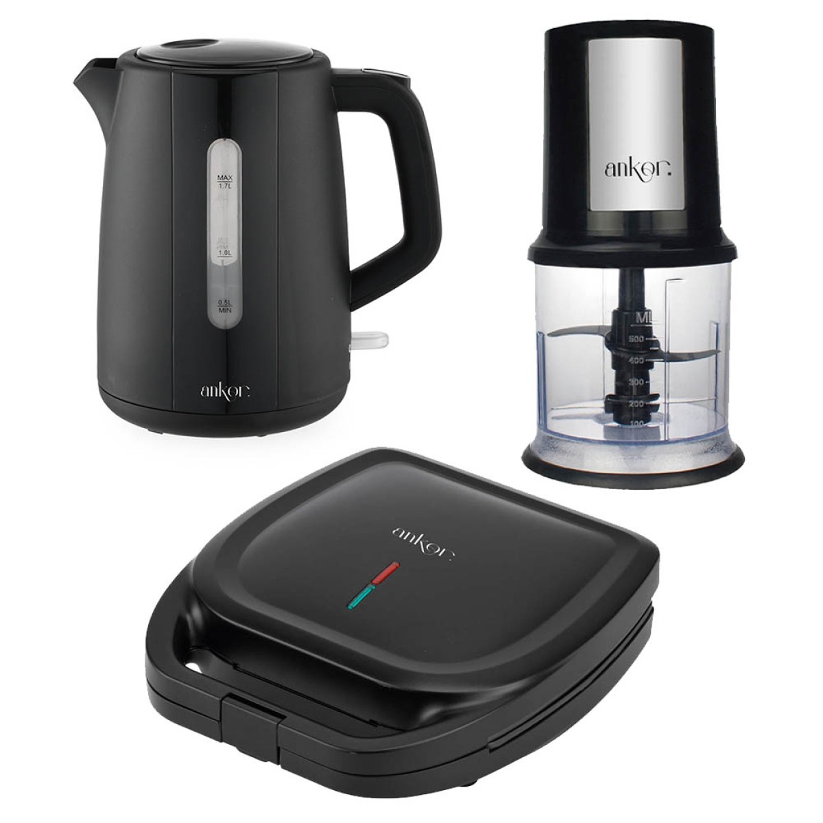 Ankor Black Σετ Συσκευών Κουζίνας – Τοστιέρα 1300W, Βραστήρας 2200W & Πολυκόπτης 400W