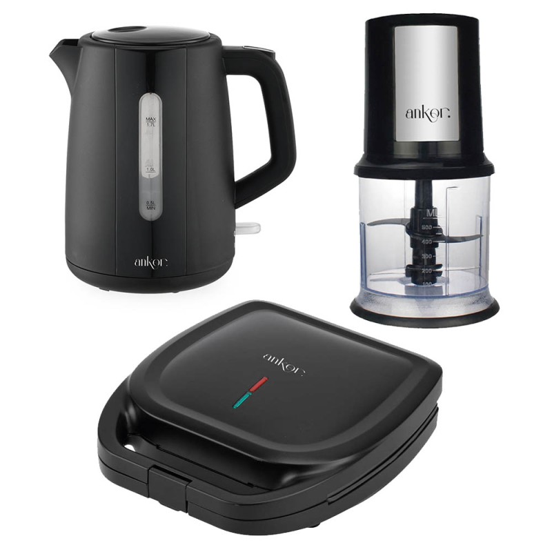 Ankor Black Σετ Συσκευών Κουζίνας – Τοστιέρα 1300W, Βραστήρας 2200W & Πολυκόπτης 400W