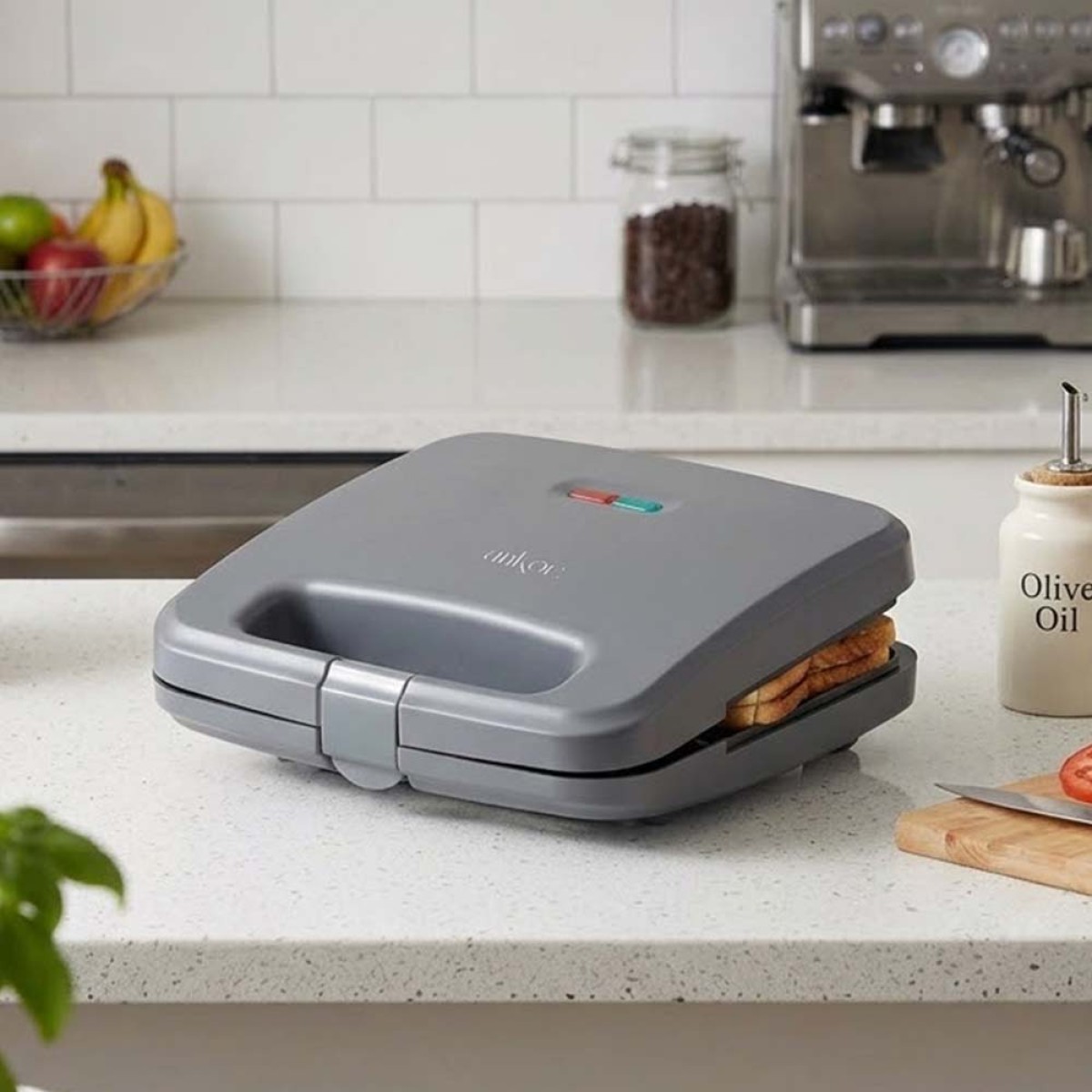 Ankor Grey Τοστιέρα 750W 2 Θέσεων με Αντικολλητικές Πλάκες Γκριλ & Κάθετη Αποθήκευση