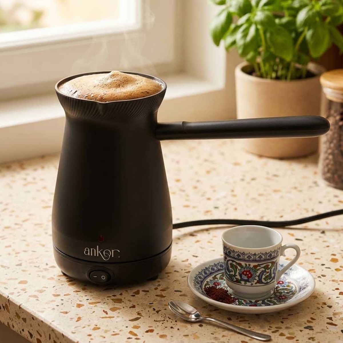 Ankor Mat Black Ηλεκτρικό Μπρίκι 1000W Πλαστικό 400ml με Αποσπώμενη Βάση 360°