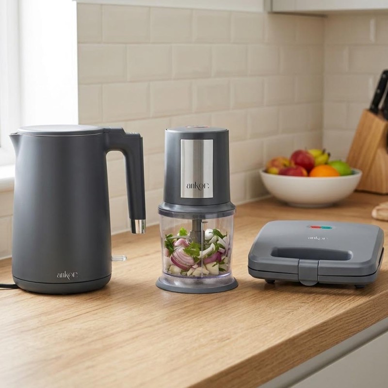 Ankor Grey Σετ Συσκευών Κουζίνας 3τμχ – Βραστήρας 2200W Cool Touch, Τοστιέρα 750W & Πολυκόπτης 400W
