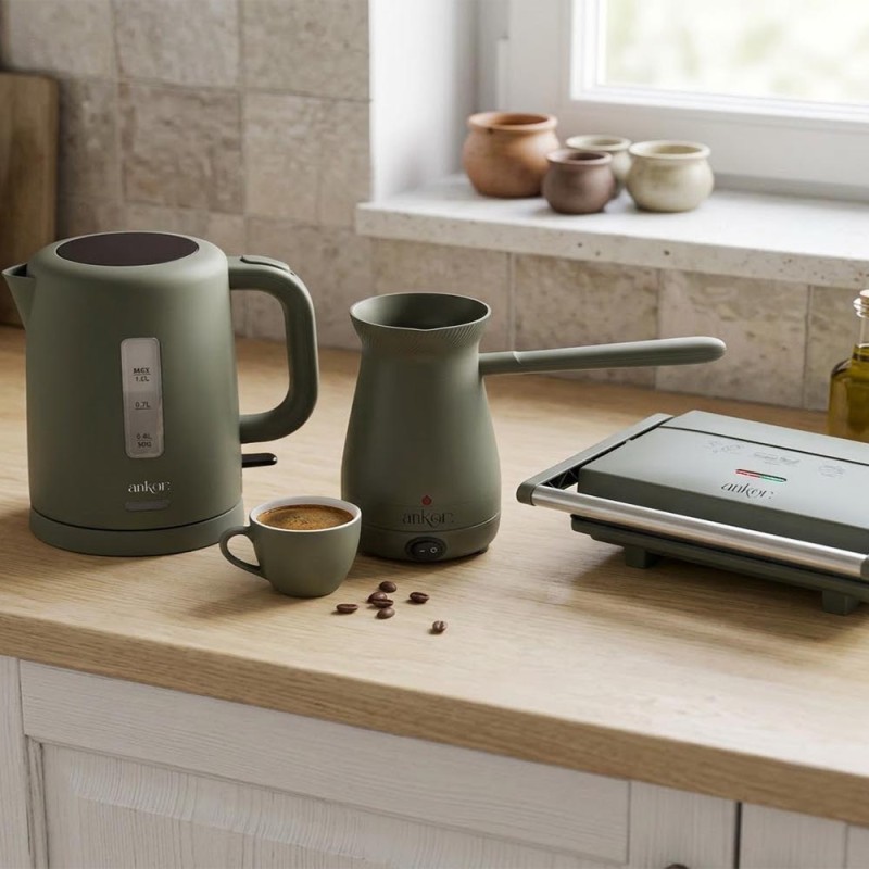 Ankor Olive Trio Σετ Πρωινού 3 Τεμαχίων – Γκριλιέρα 1300W, Ηλεκτρικός Βραστήρας 1lt & Ηλεκτρικό Μπρίκι 400ml