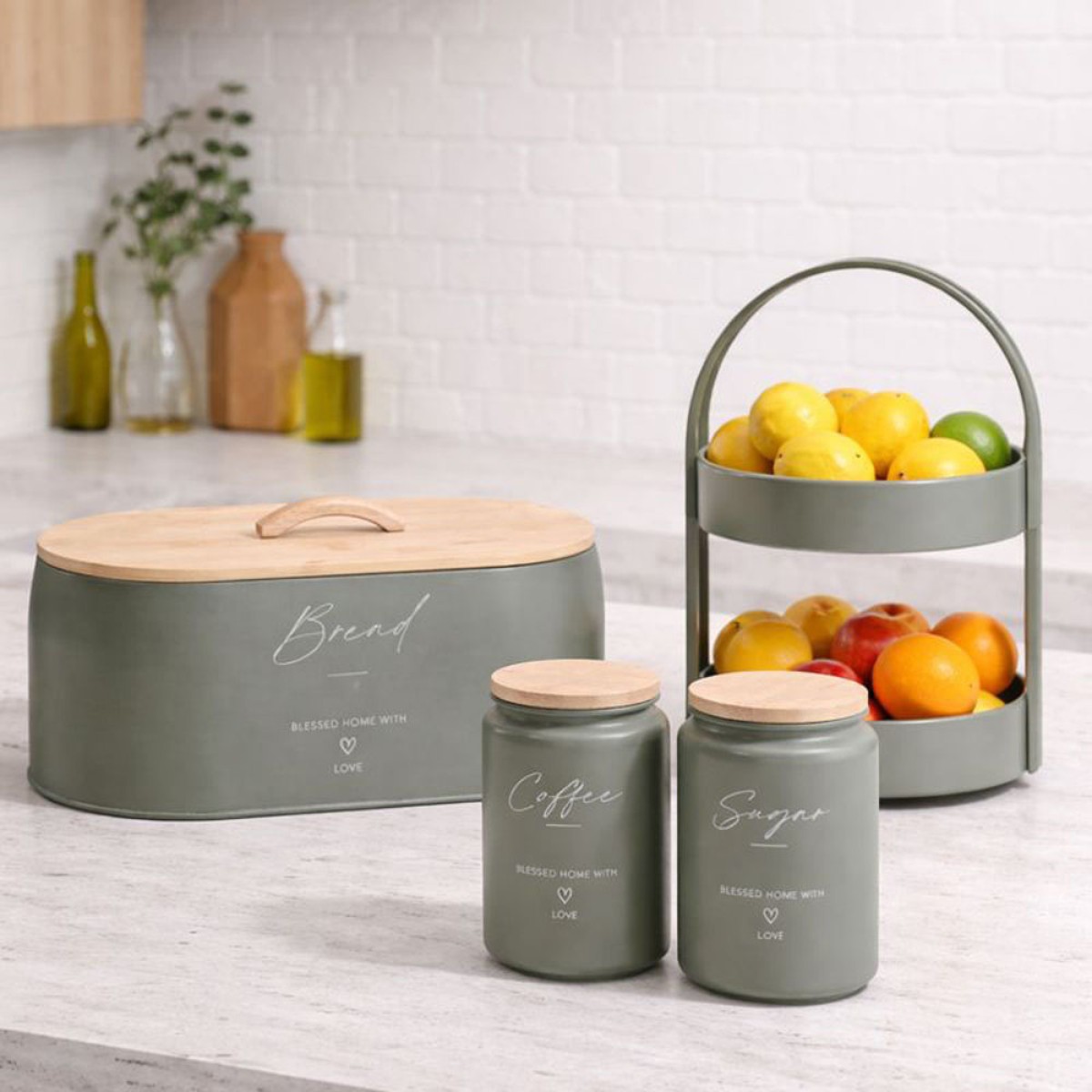 Ankor Olive Σετ Ψωμιέρα – Coffee & Sugar – Φρουτιέρα 2 Επιπέδων με Bamboo Καπάκια